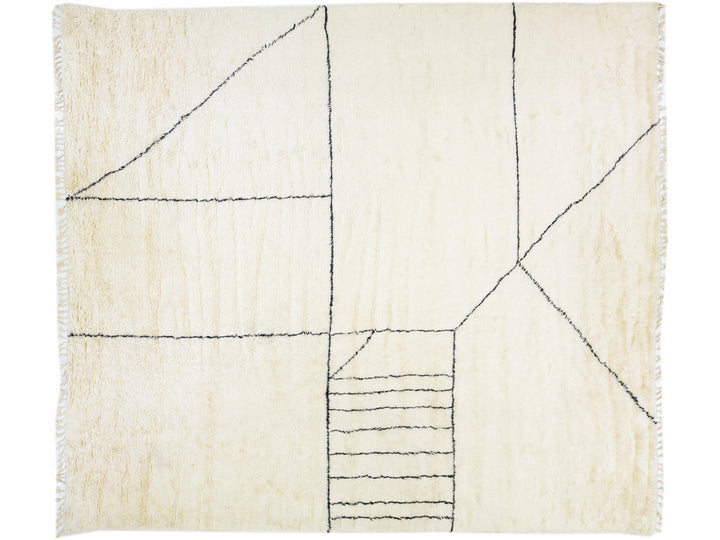 Modern Moroccan Style Handmade Ivory Wool Rug with Geometric Design by Apadana