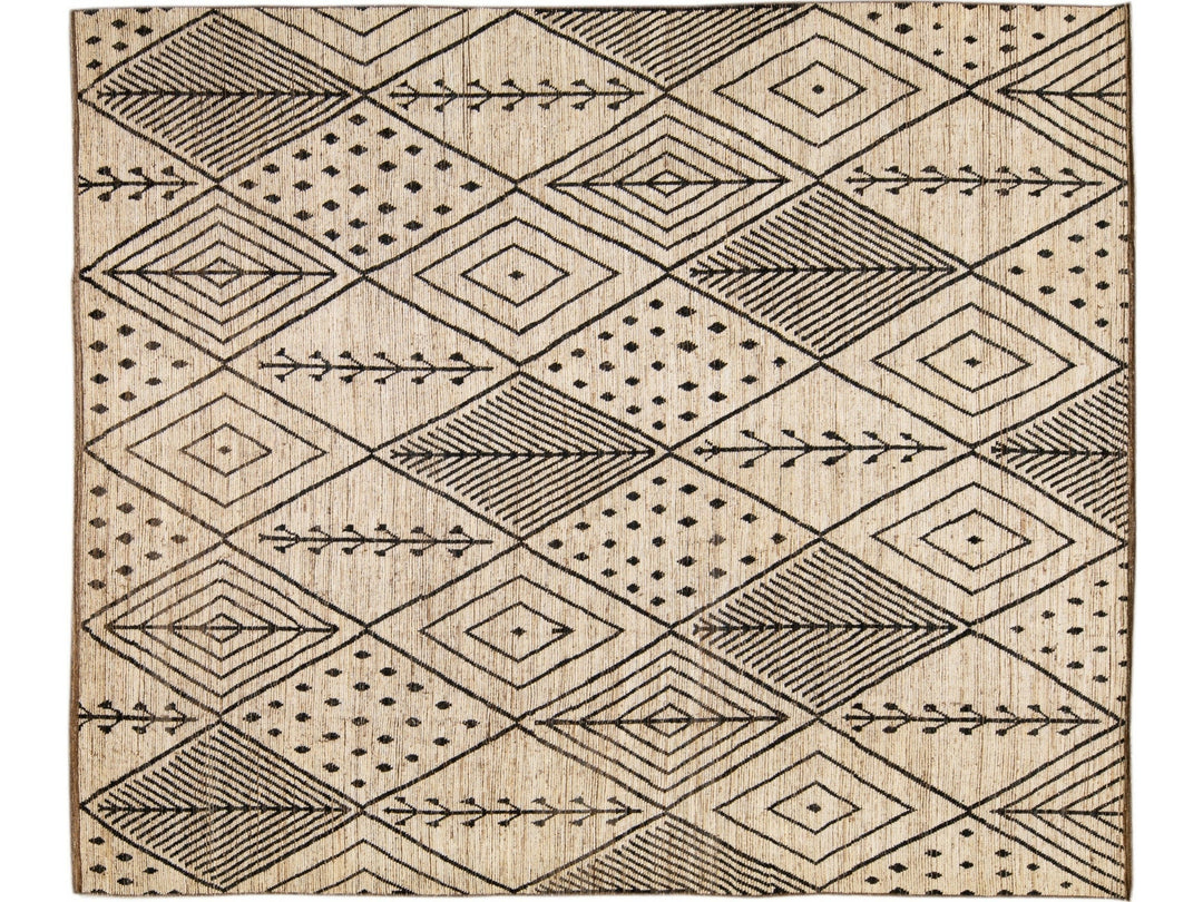 Modern Beige Moroccan Style Handmade Boho Designed Oversize Wool Rug