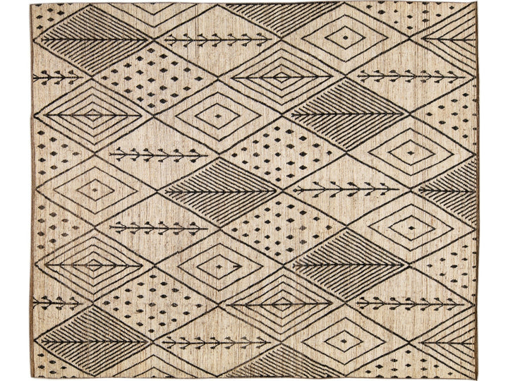 Modern Beige Moroccan Style Handmade Boho Designed Oversize Wool Rug