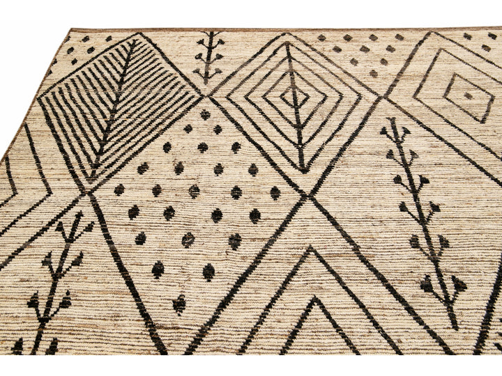 Modern Beige Moroccan Style Handmade Boho Designed Oversize Wool Rug