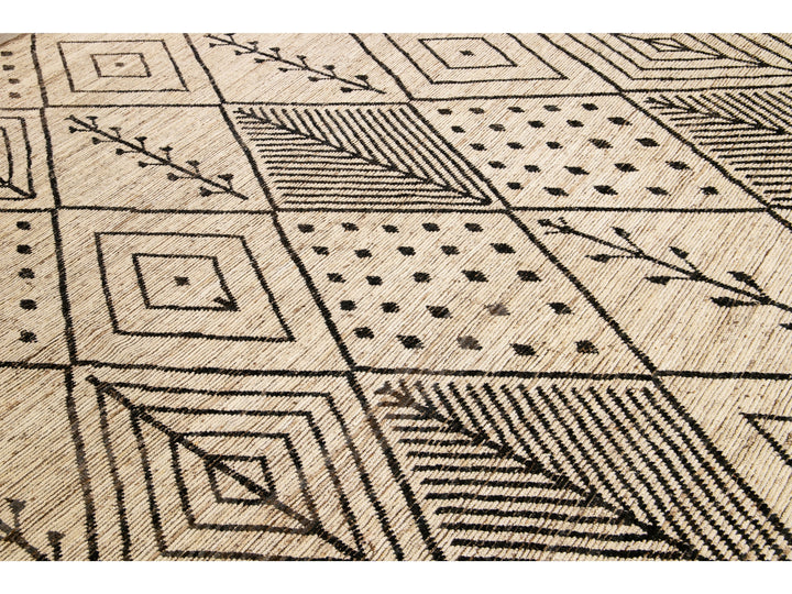 Modern Beige Moroccan Style Handmade Boho Designed Oversize Wool Rug