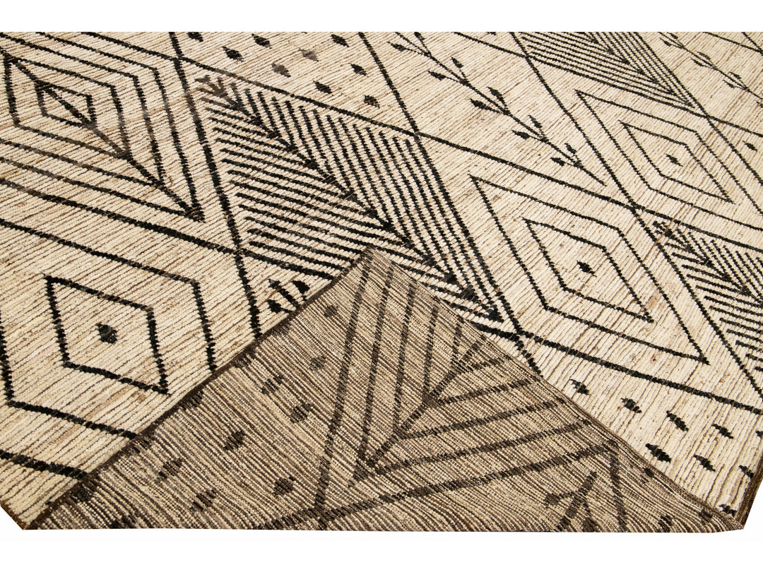 Modern Beige Moroccan Style Handmade Boho Designed Oversize Wool Rug