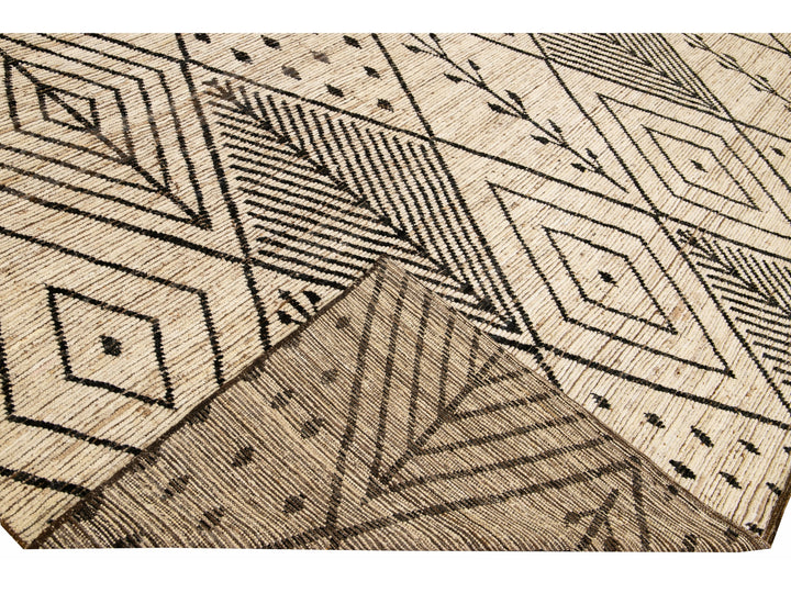 Modern Beige Moroccan Style Handmade Boho Designed Oversize Wool Rug