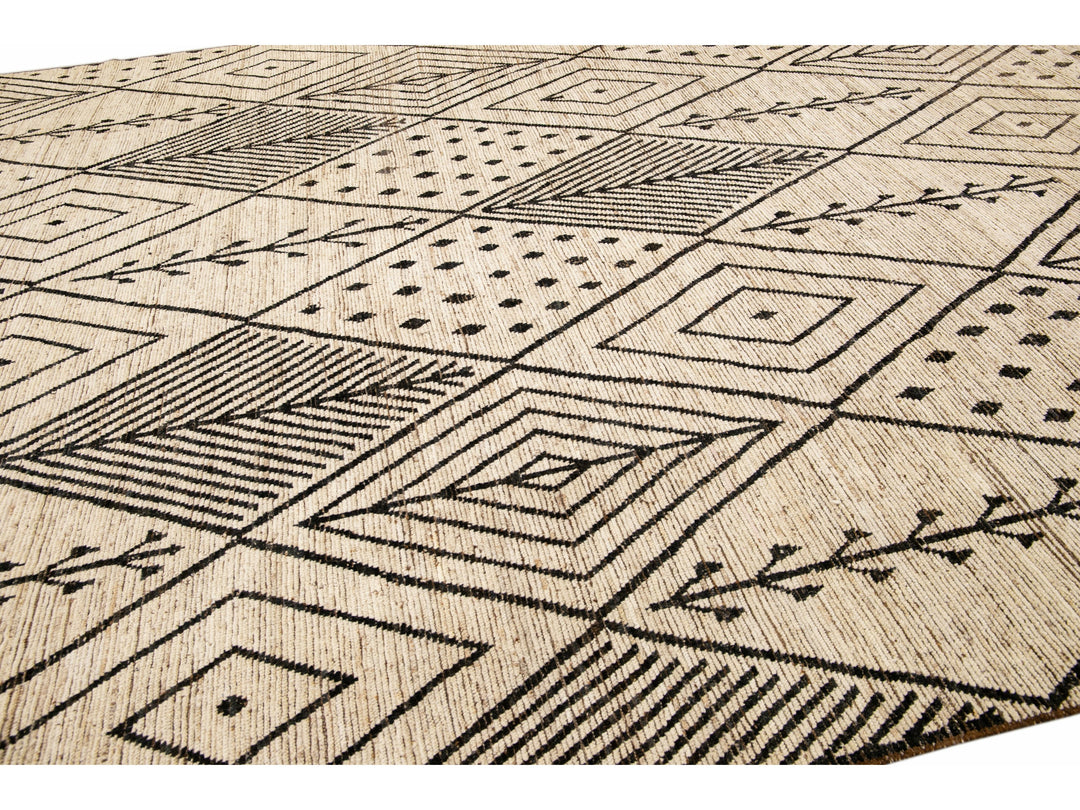 Modern Beige Moroccan Style Handmade Boho Designed Oversize Wool Rug.