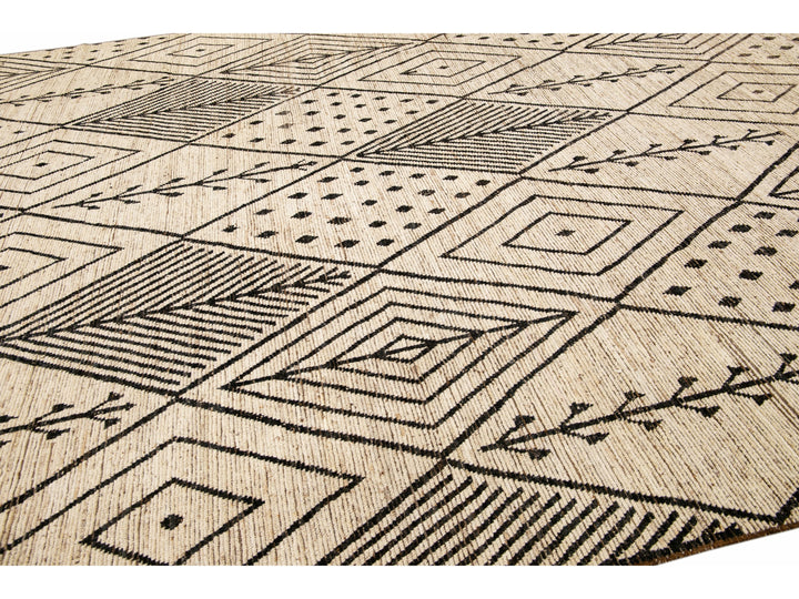 Modern Beige Moroccan Style Handmade Boho Designed Oversize Wool Rug.