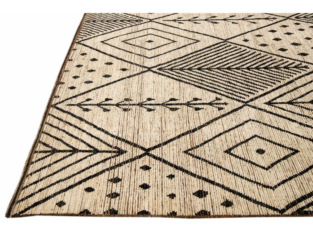 Modern Beige Moroccan Style Handmade Boho Designed Oversize Wool Rug