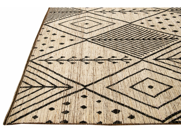 Modern Beige Moroccan Style Handmade Boho Designed Oversize Wool Rug