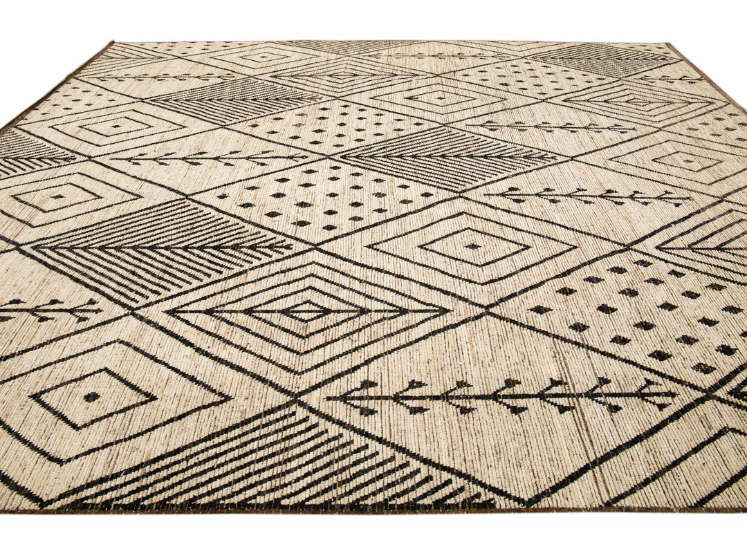 Modern Beige Moroccan Style Handmade Boho Designed Oversize Wool Rug