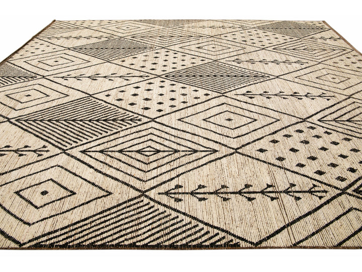 Modern Beige Moroccan Style Handmade Boho Designed Oversize Wool Rug