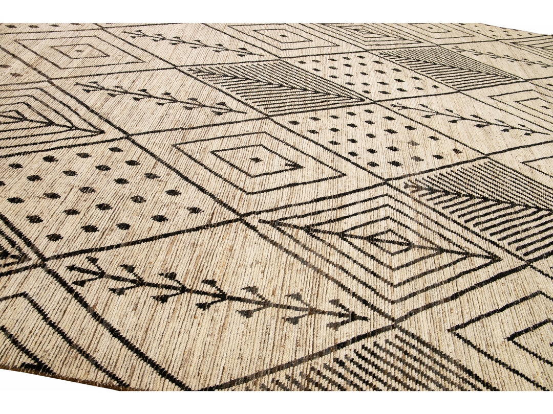 Modern Beige Moroccan Style Handmade Boho Designed Oversize Wool Rug