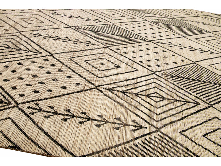 Modern Beige Moroccan Style Handmade Boho Designed Oversize Wool Rug