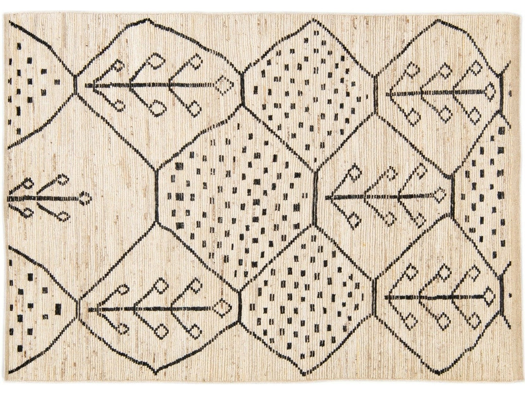 Modern Moroccan Style Handmade Geometric Motif Beige Boho Wool Rug