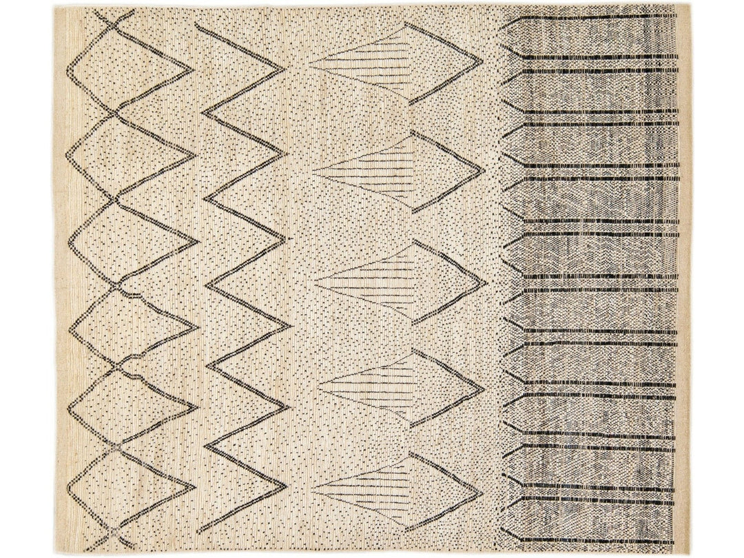 Modern Moroccan Style Handmade Geometric Pattern Beige and Gray Boho Wool Rug