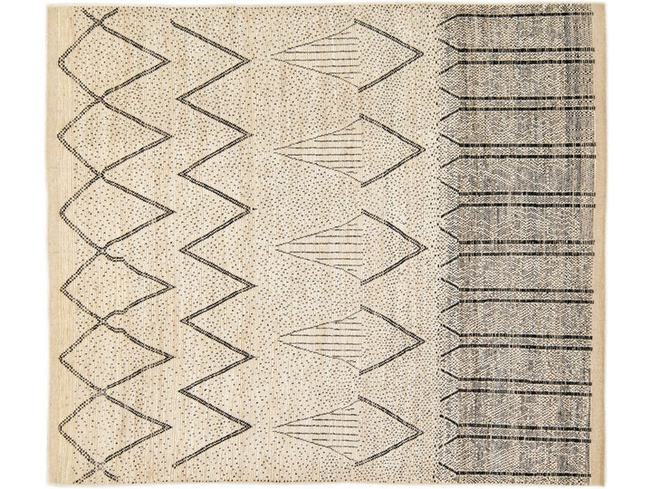 Modern Moroccan Style Handmade Geometric Pattern Beige and Gray Boho Wool Rug