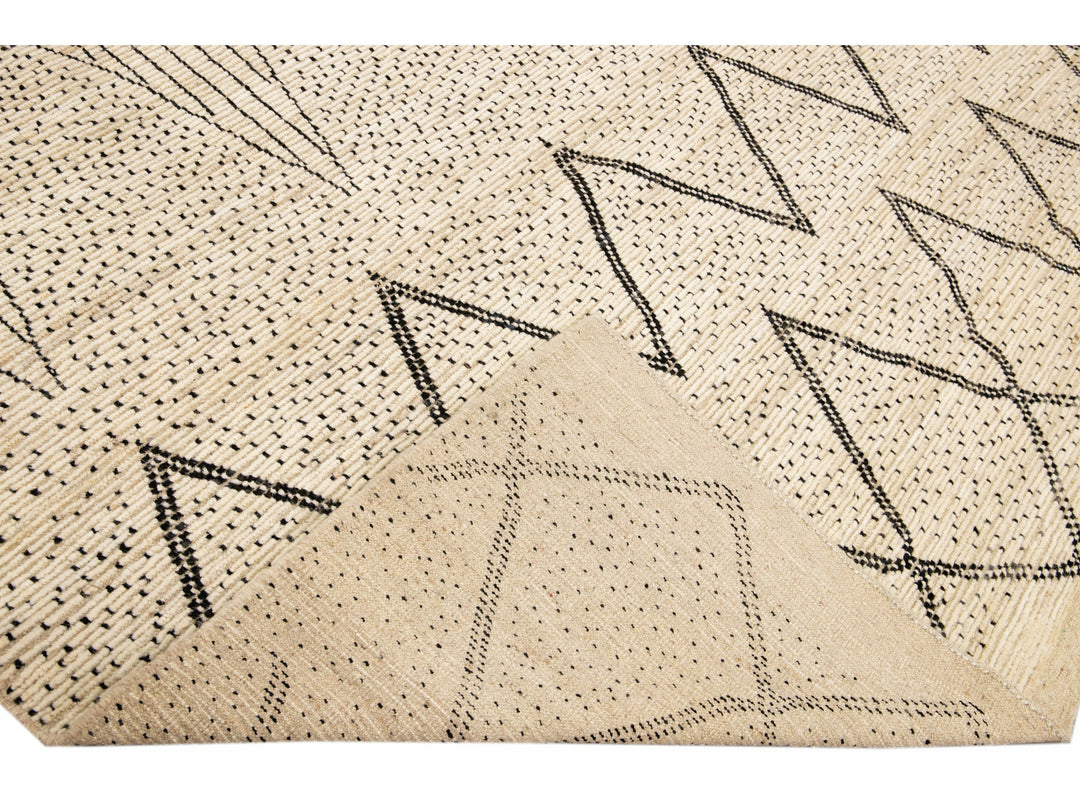 Modern Moroccan Style Handmade Geometric Pattern Beige and Gray Boho Wool Rug