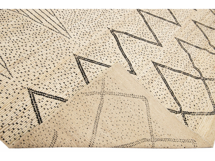Modern Moroccan Style Handmade Geometric Pattern Beige and Gray Boho Wool Rug