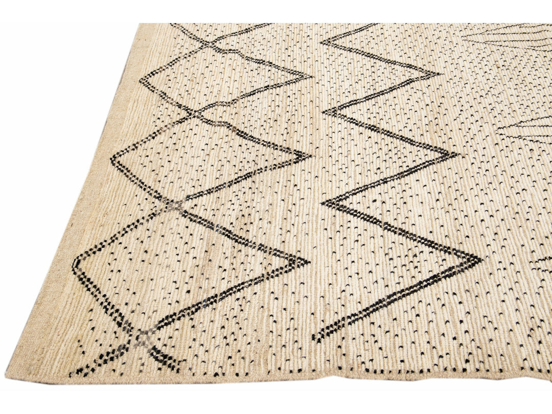 Modern Moroccan Style Handmade Geometric Pattern Beige and Gray Boho Wool Rug