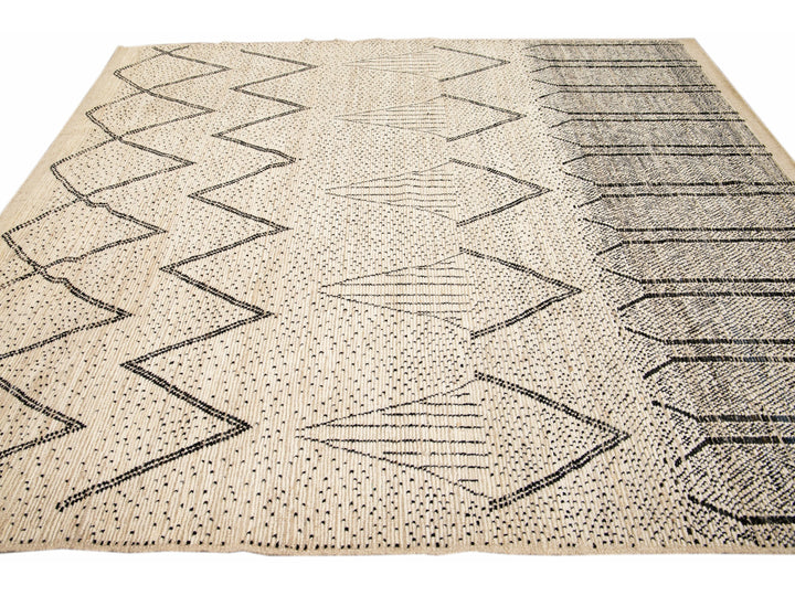 Modern Moroccan Style Handmade Geometric Pattern Beige and Gray Boho Wool Rug