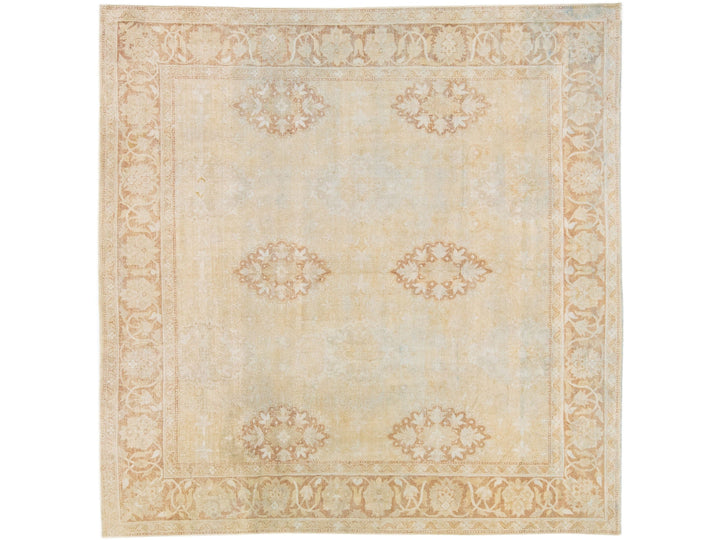 Beige Antique Indian Agra Handmade Square Wool Rug With Allover Motif