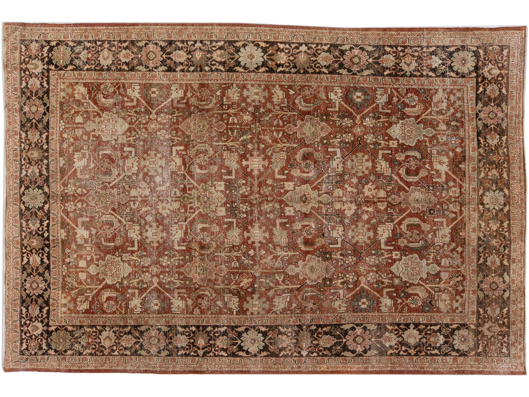 Handmade Antique Persian Mahal Floral Wool Rug In Rust