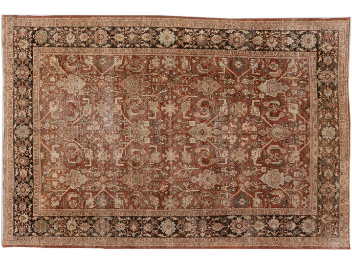 Handmade Antique Persian Mahal Floral Wool Rug In Rust