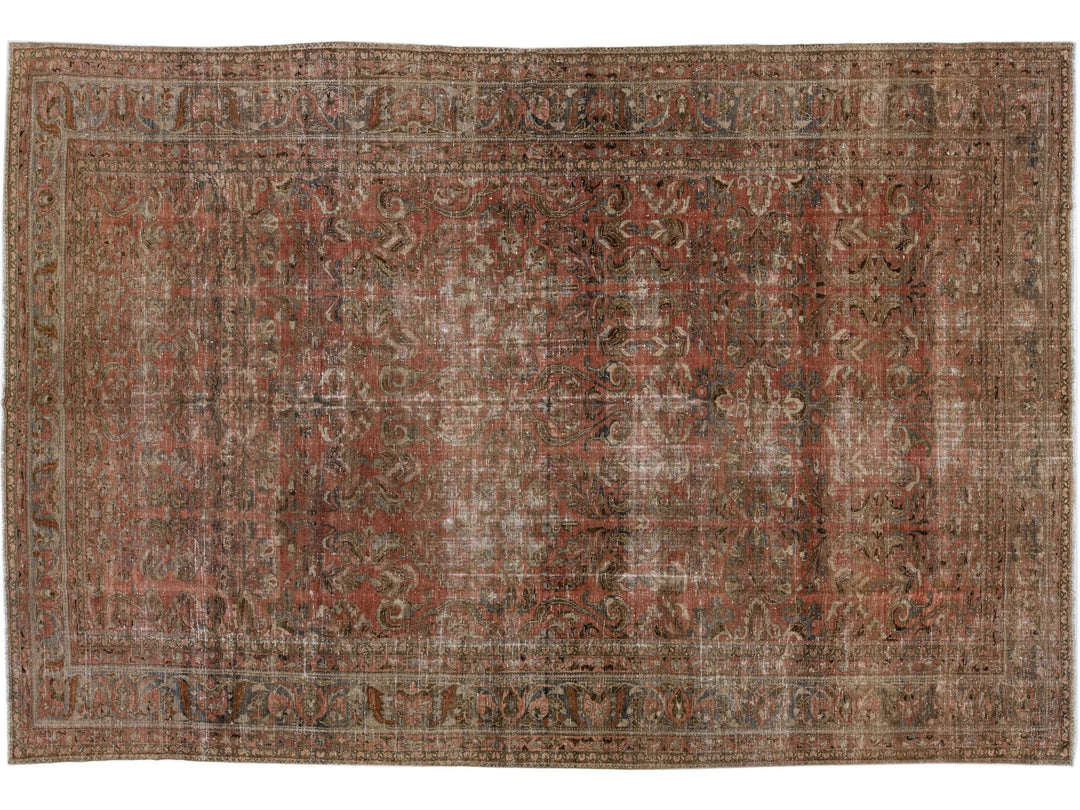 Antique Handmade Rust Persian Malayer Wool Rug With Floral Design