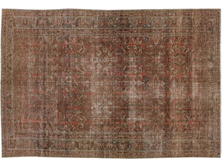 Antique Handmade Rust Persian Malayer Wool Rug With Floral Design