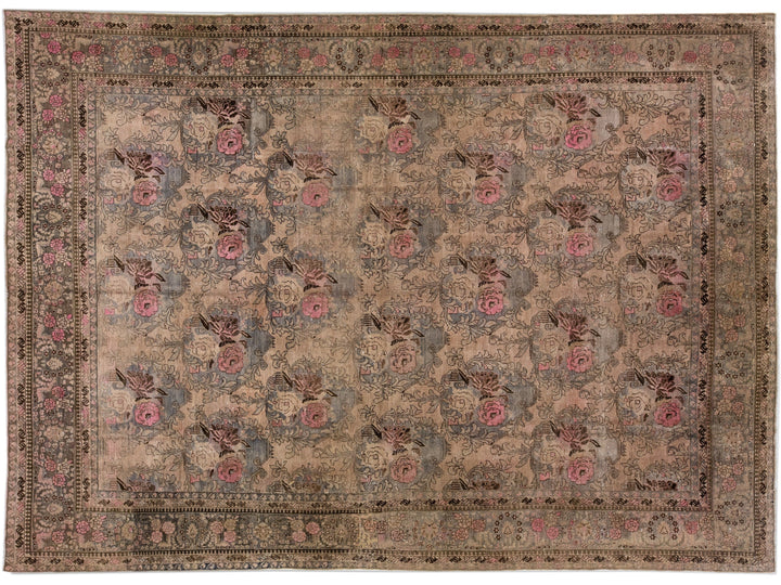 Antique Bidjar Handmade Allover Floral Pattern Wool Rug In Brown