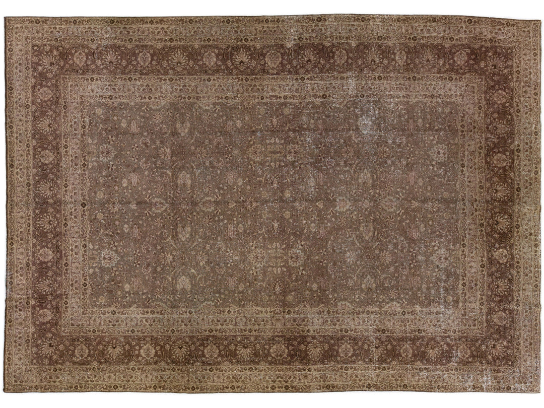 Floral Antique Persian Tabriz Brown Handmade Wool Rug
