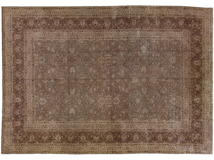 Floral Antique Persian Tabriz Brown Handmade Wool Rug