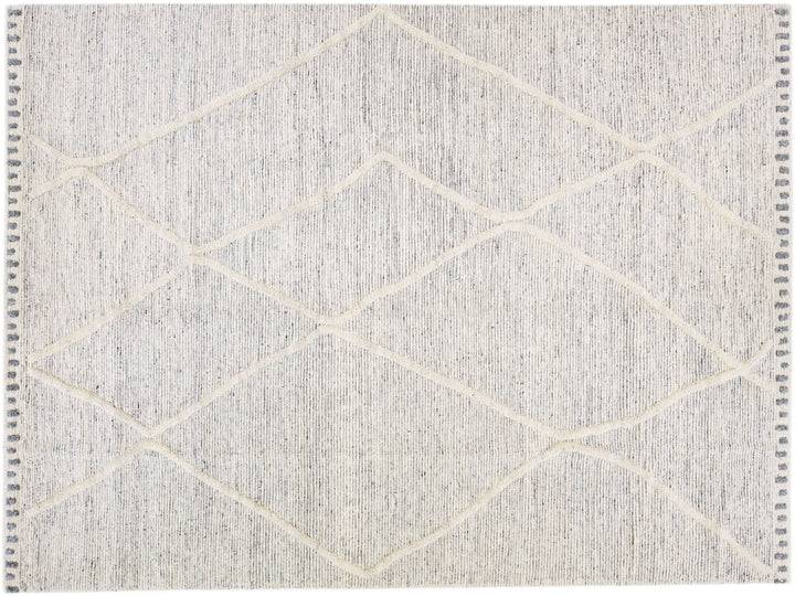 Modern Moroccan Style Ivory Handmade Wool Rug With a Tribal Motif