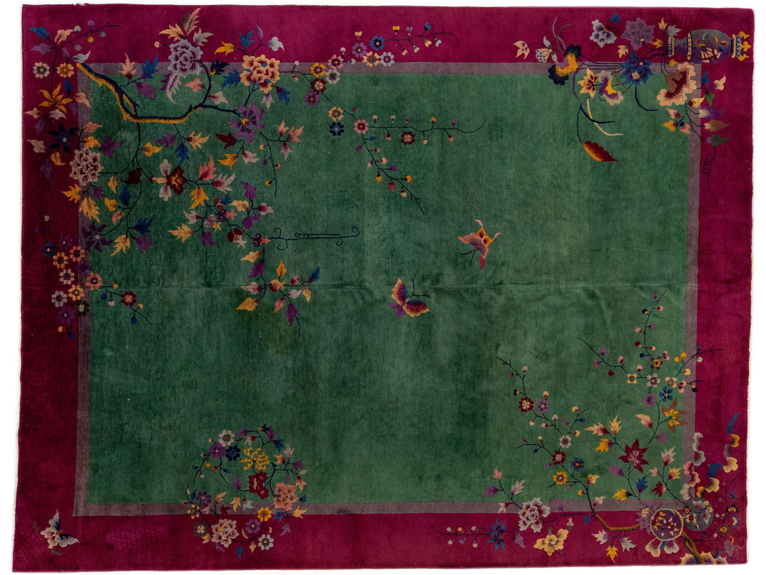 Green Chinese Art Deco Handmade Wool Rug with Floral Design