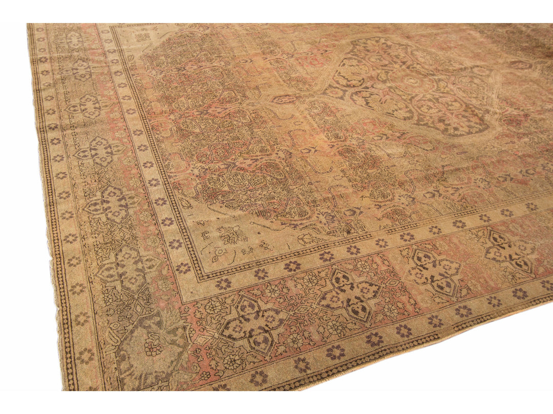 Antique Tabriz Handmade Medallion Designed Tan Persian Wool Rug
