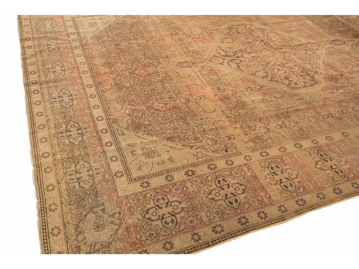 Antique Tabriz Handmade Medallion Designed Tan Persian Wool Rug