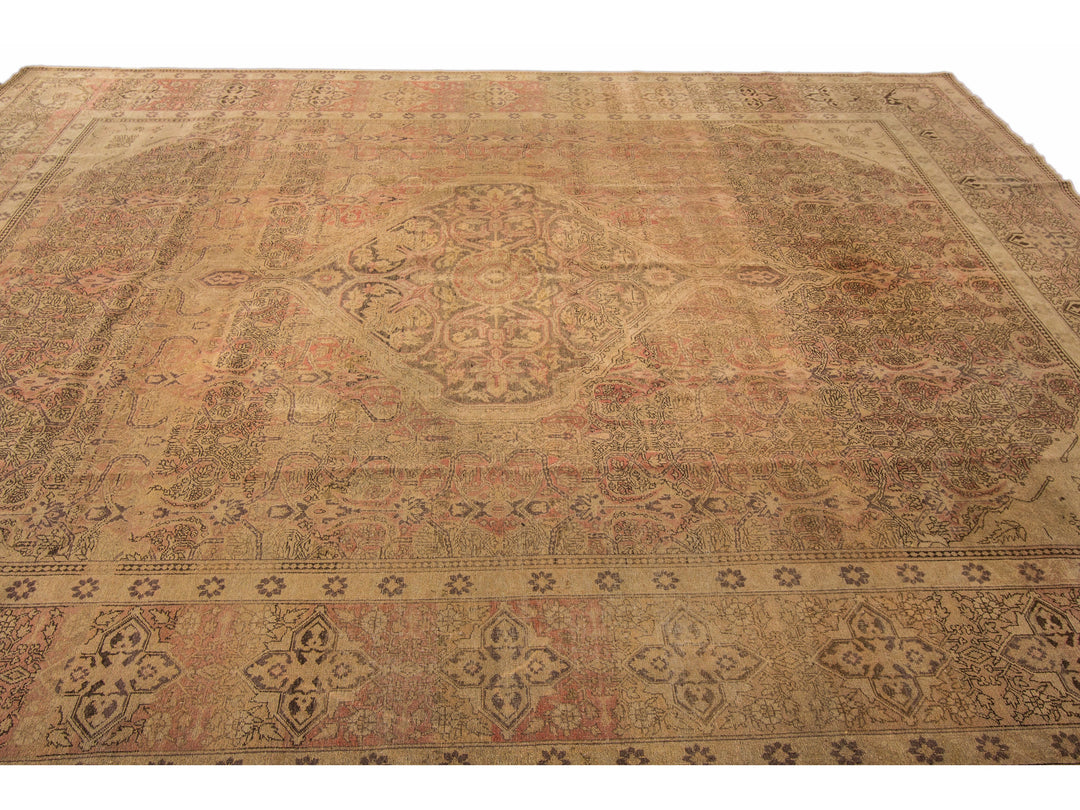 Antique Tabriz Handmade Medallion Designed Tan Persian Wool Rug