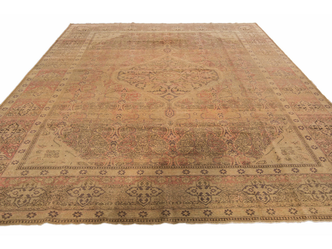 Antique Tabriz Handmade Medallion Designed Tan Persian Wool Rug
