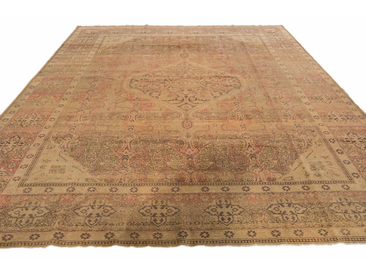 Antique Tabriz Handmade Medallion Designed Tan Persian Wool Rug