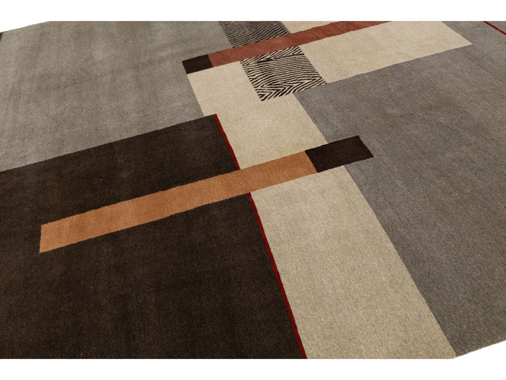 Modern Tibetan Wool and Silk Square Rug 10 X 10