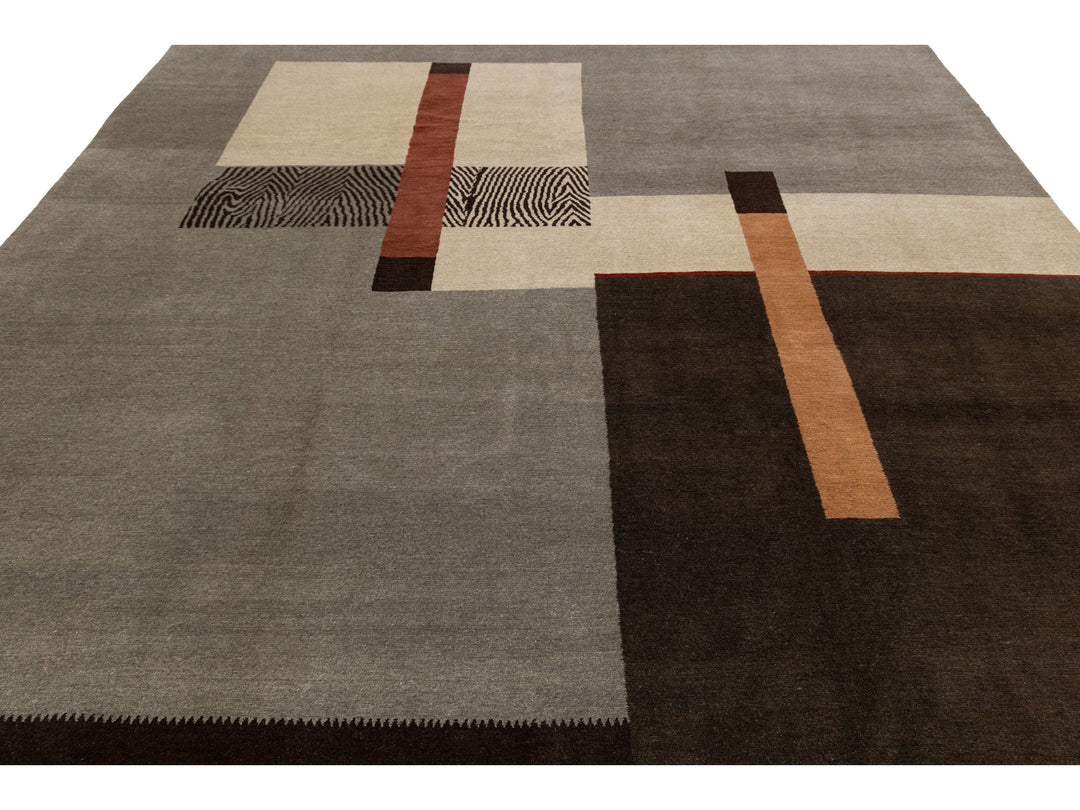 Modern Tibetan Wool and Silk Square Rug 10 X 10