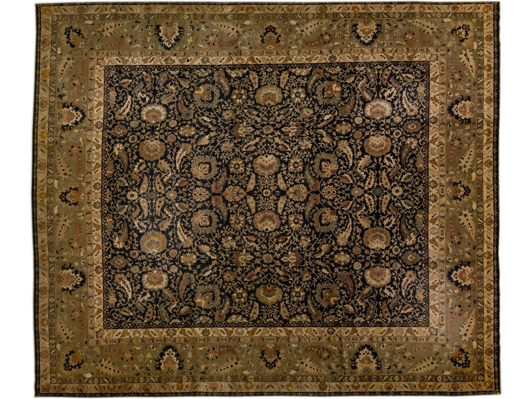 Modern Sultanabad Style Black & Green Wool Rug with Allover Floral Pattern