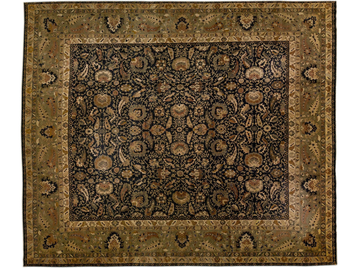 Modern Sultanabad Style Black & Green Wool Rug with Allover Floral Pattern