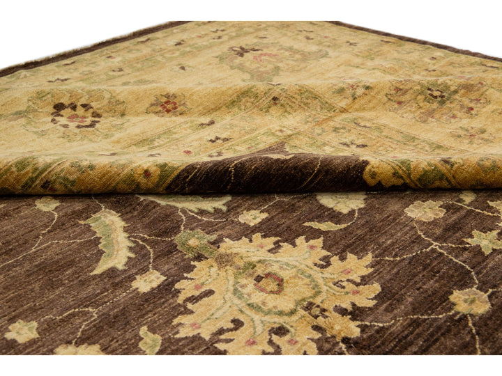 Large Brown Modern Peshawar Handmade Wool Rug Palmettes Motif