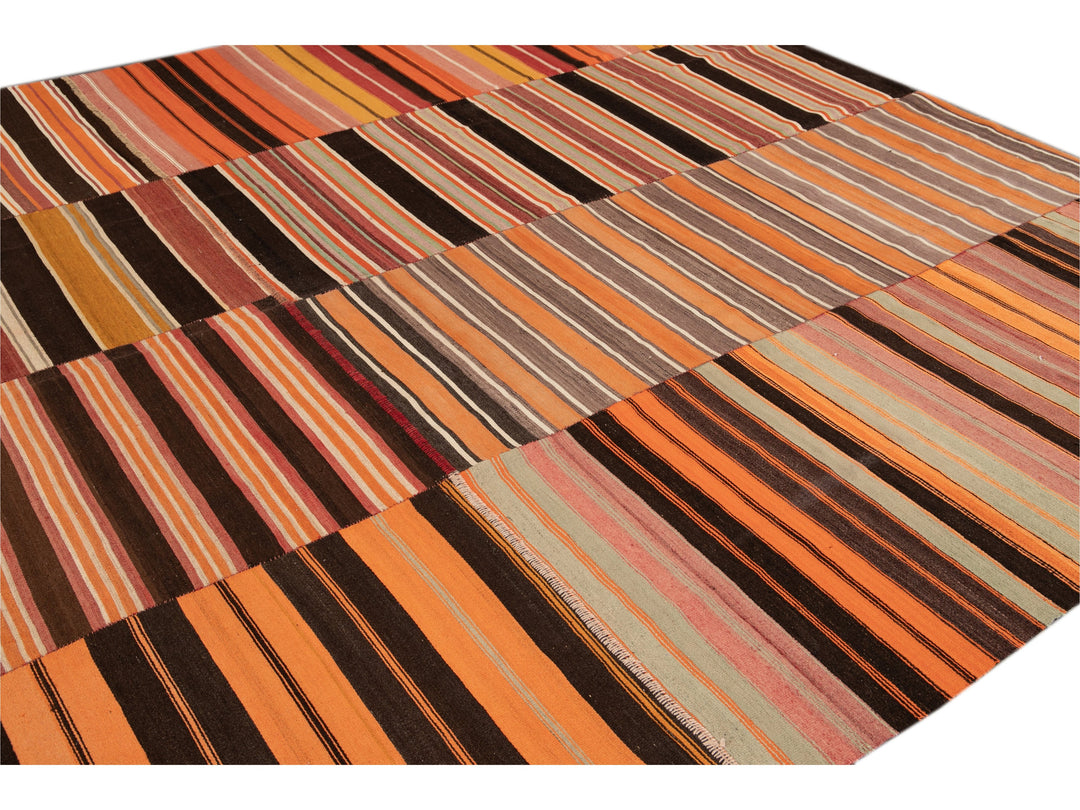 Vintage Striped Flatweave Wool Rug 10 X 13