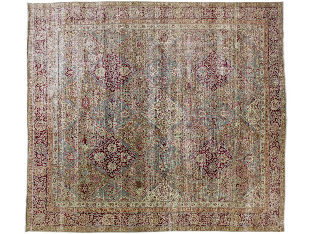 Antique Kerman Brown Handmade Medallion Botanical Wool Rug