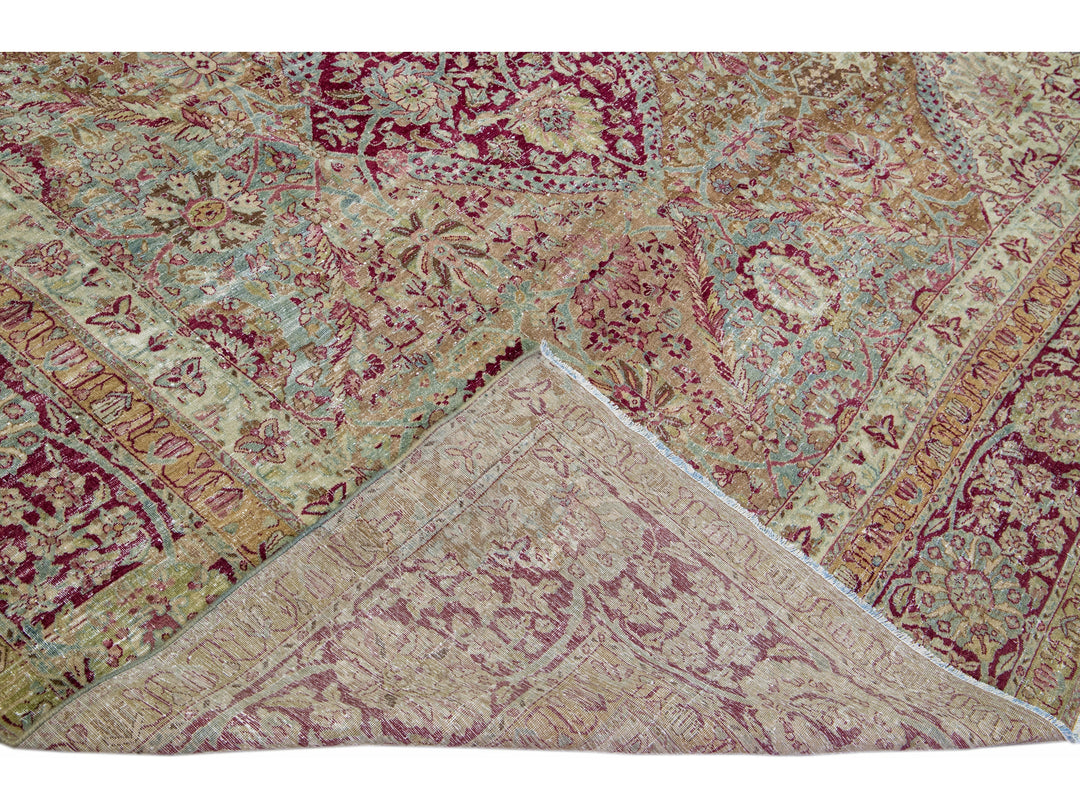 Antique Kerman Brown Handmade Medallion Botanical Wool Rug