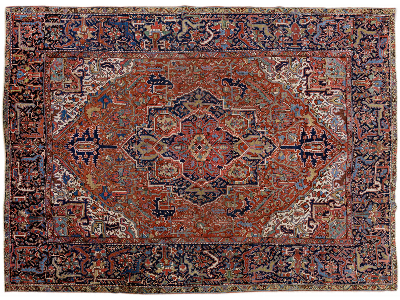 Antique Persian Heriz Handmade Rust Wool Rug with Medallion Design