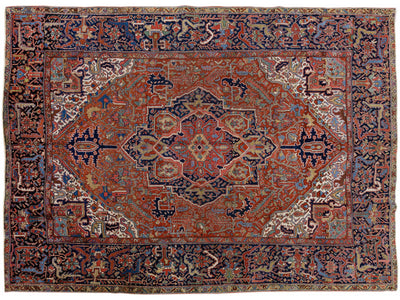 Antique Persian Heriz Handmade Rust Wool Rug with Medallion Design