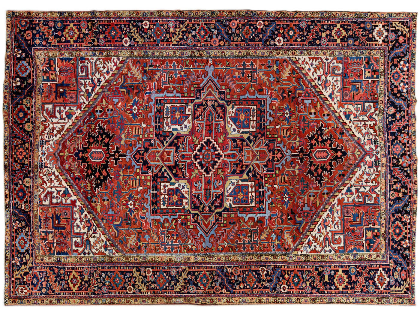 Antique Persian Heriz Handmade Orange-Rust Wool Rug with Medallion Design