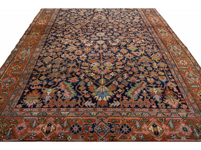Blue Antique Persian Serapi Handmade Wool Rug With Allover Floral Pattern