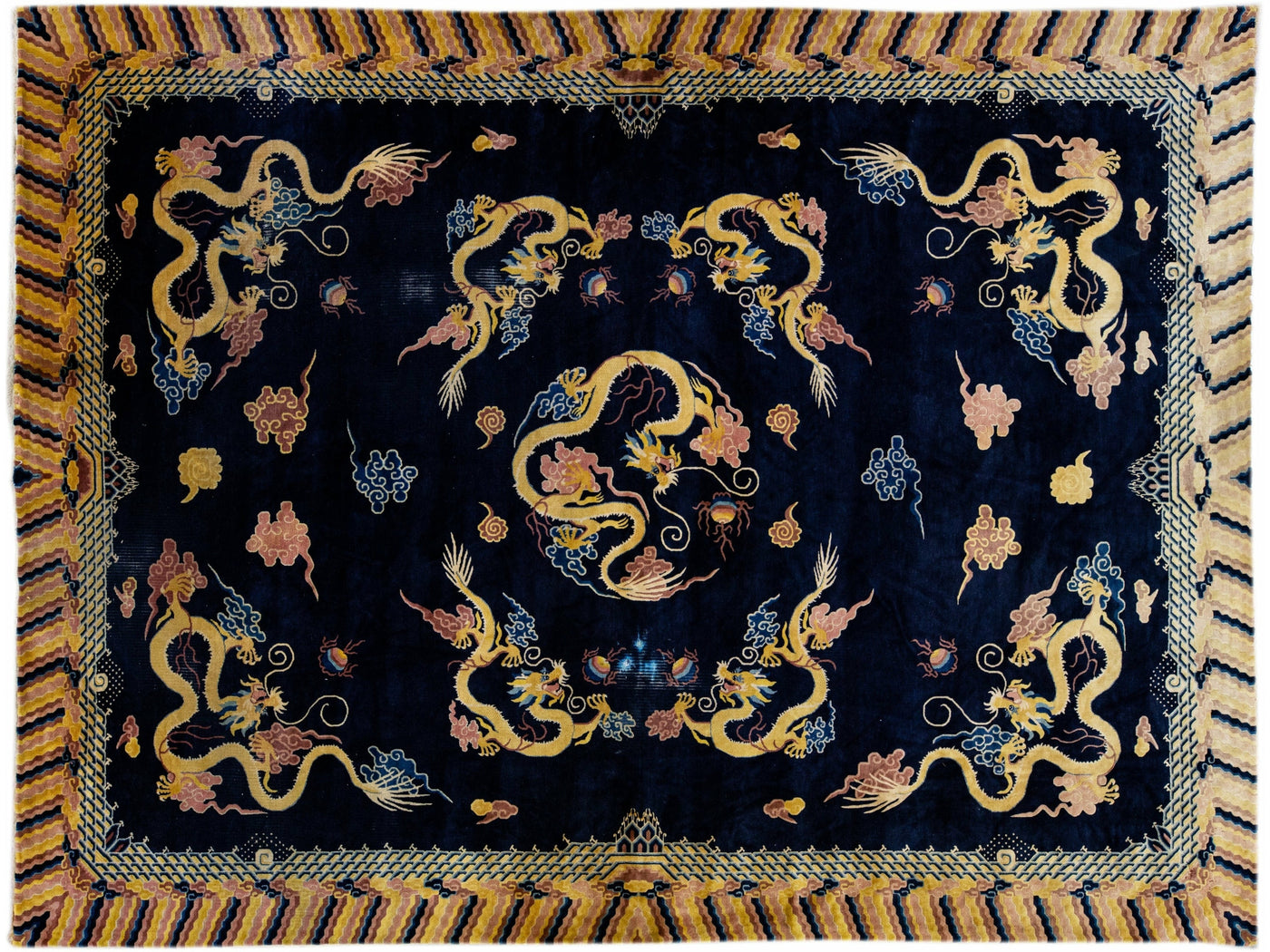 Vintage Chinese Peking Handmade Dragon Designed Dark Blue Wool Rug